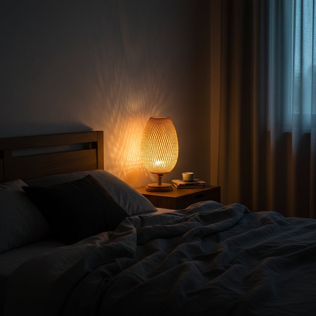 Glow & Drift Woven Canopy Bamboo Lamp on a nightstand casting warm geometric shadows in a cozy bedroom.