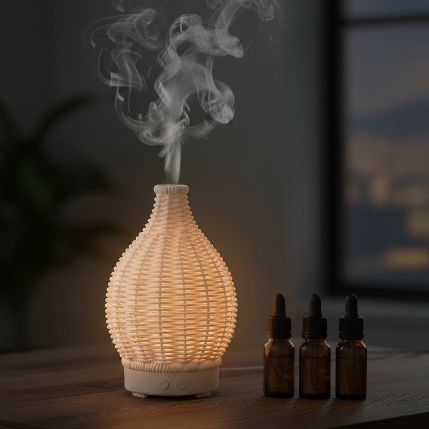 Glow & Drift Artisan Woven Vase Diffuser with mist, glowing light, and three essential oil bottles on a wooden table.