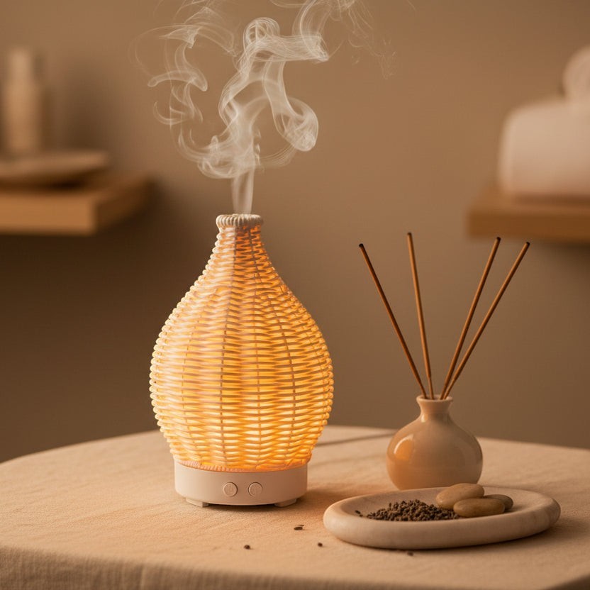 Glow & Drift Artisan Woven Vase Diffuser with glowing light and mist on a table with incense sticks and stones
