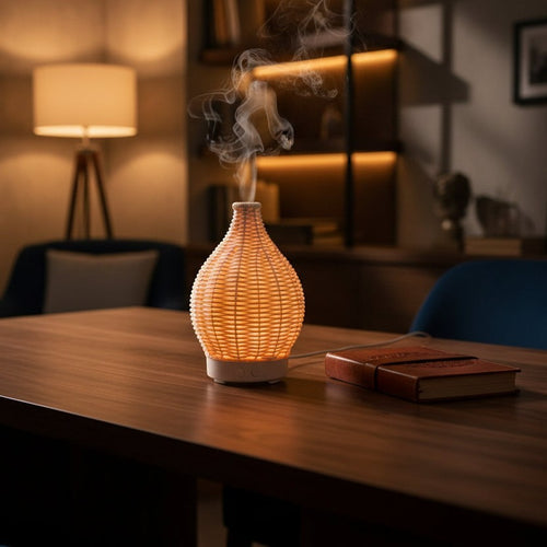 Glow & Drift Artisan Woven Vase Diffuser with glowing light and mist on a dark wood table in a cozy living room.