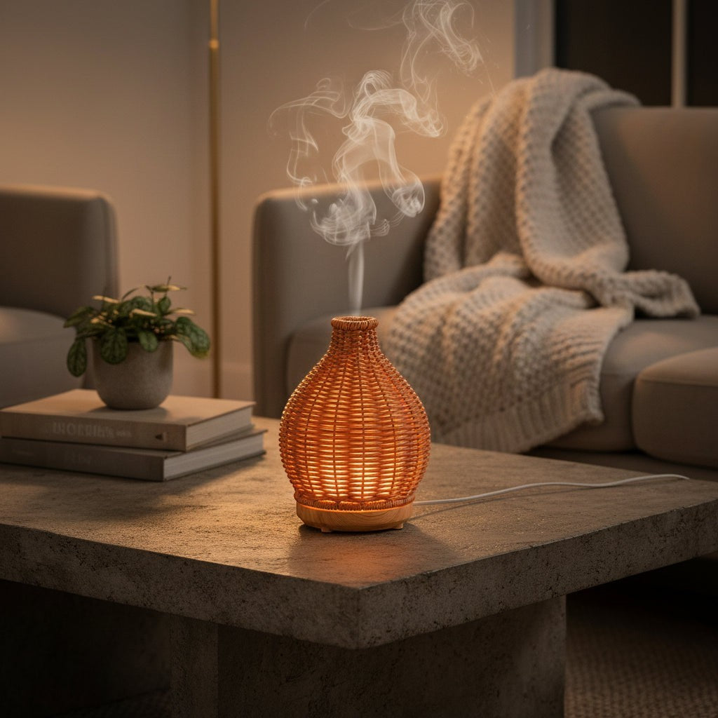 Glow & Drift Artisan Woven Vase Diffuser emitting mist on a stone table with warm ambient light in a cozy living room.