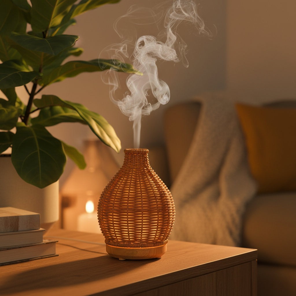 Glow & Drift Artisan Woven Vase Diffuser emitting mist on a wooden table with a plant and warm ambient lighting