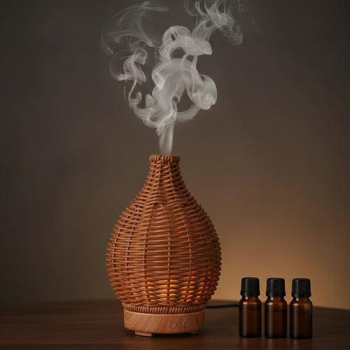 Glow & Drift Artisan Woven Vase Diffuser with rattan-style shell emitting mist next to three essential oil bottles.