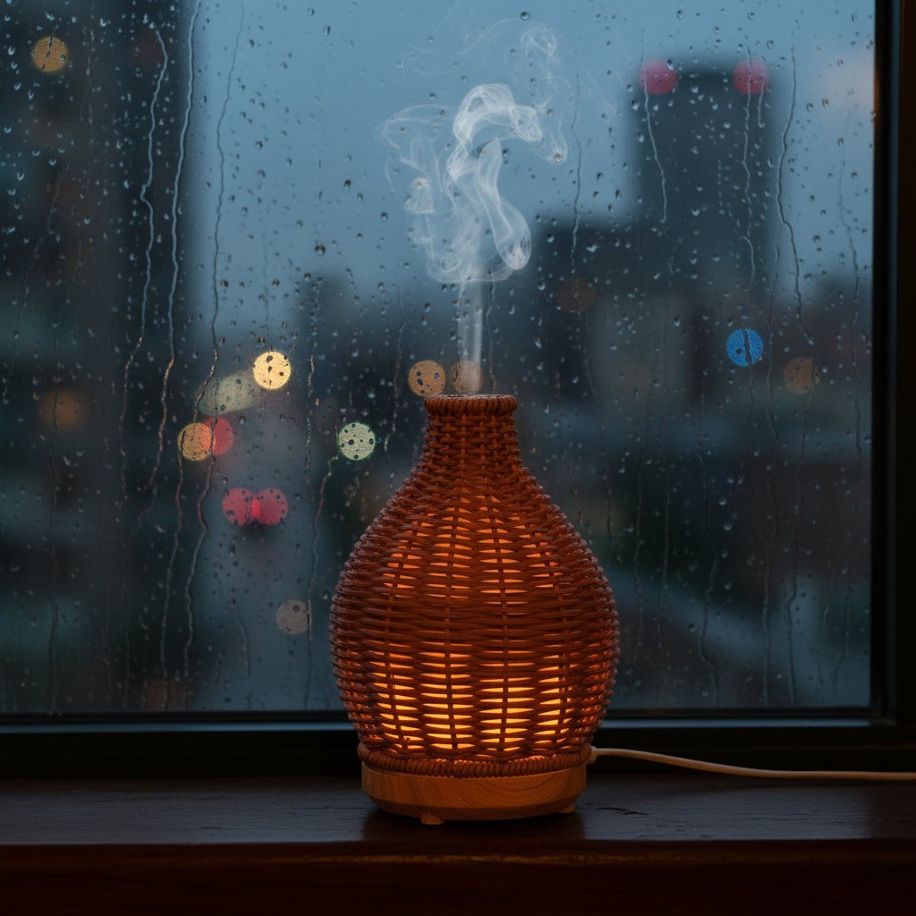 Glow & Drift Artisan Woven Vase Diffuser with warm glowing light and mist, set on a windowsill on a rainy day.