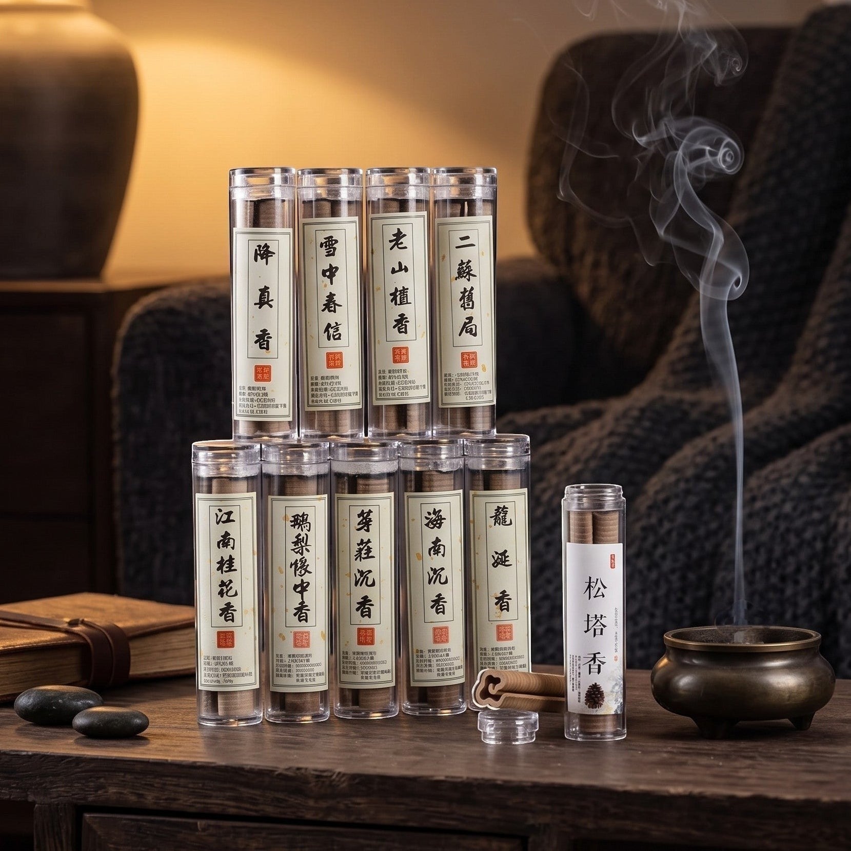 Glow & Drift Xiangyun Cloud Incense set in clear tubes with traditional Chinese labels and a brass burner