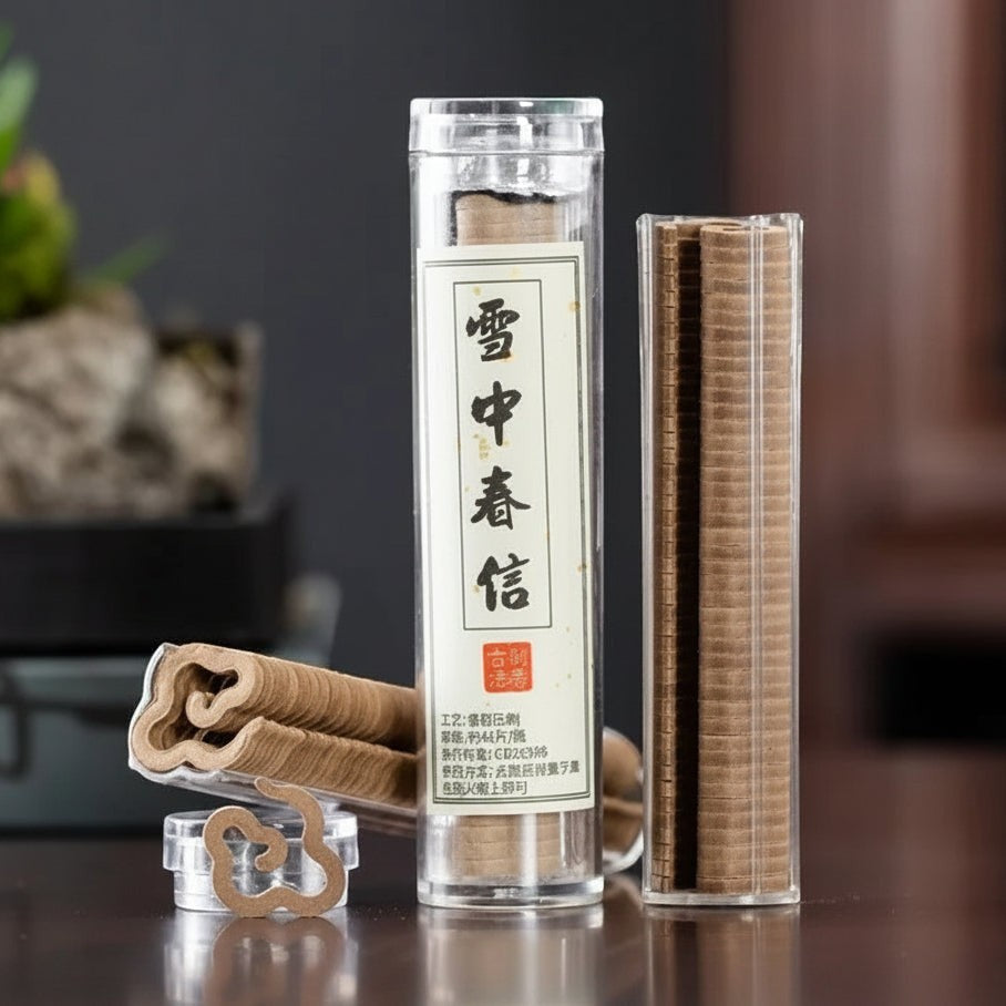 Glow & Drift Xiangyun cloud-shaped natural incense sticks in clear plastic storage tubes on a dark wooden table.
