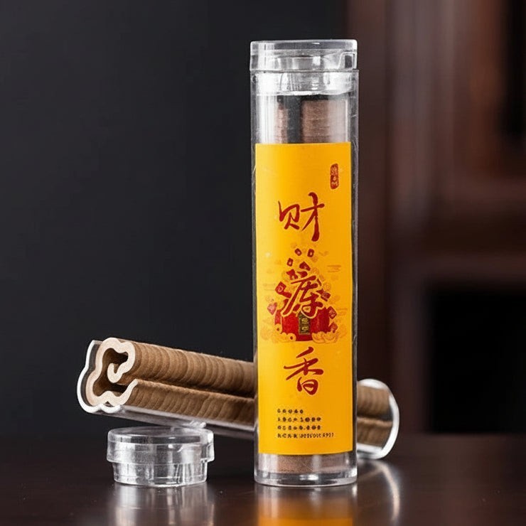 Glow & Drift Xiangyun cloud-shaped natural incense sticks in a clear storage tube with a yellow label.