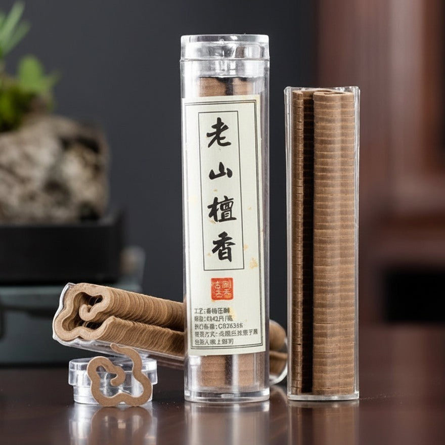 Glow & Drift Xiangyun cloud-shaped natural incense sticks in clear plastic storage tubes on a wooden table.