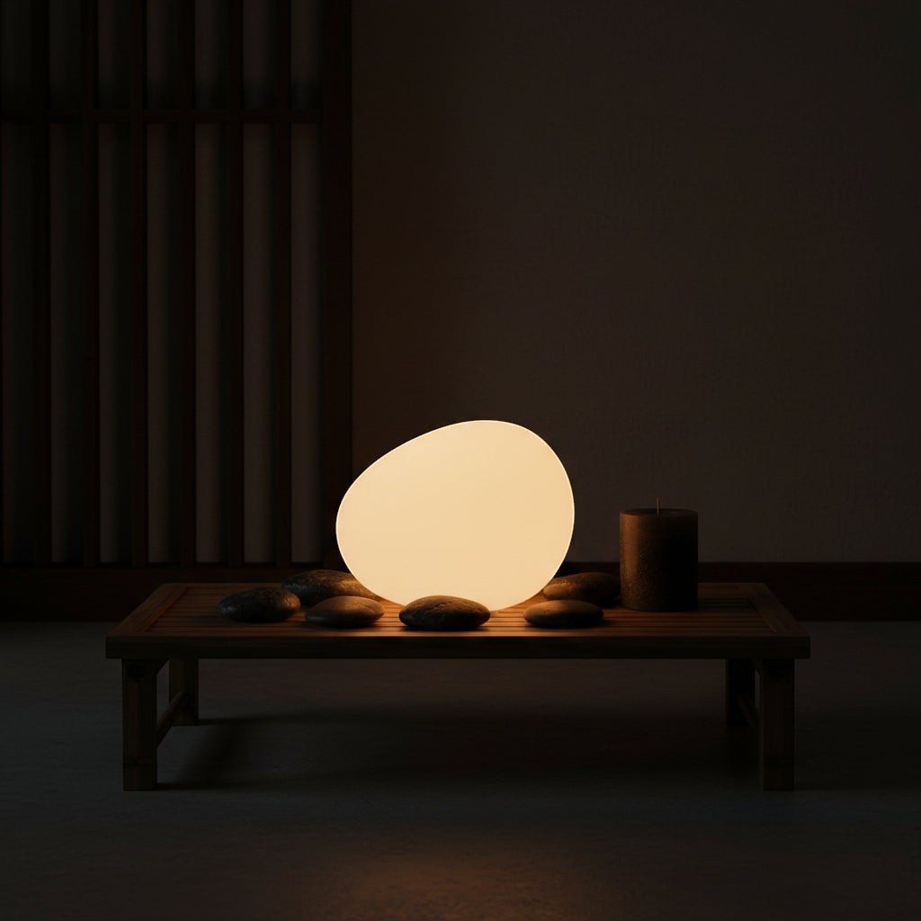 Glow & Drift Zen Riverstone ambient lamp with warm glowing frosted acrylic on a wooden table with decorative stones.
