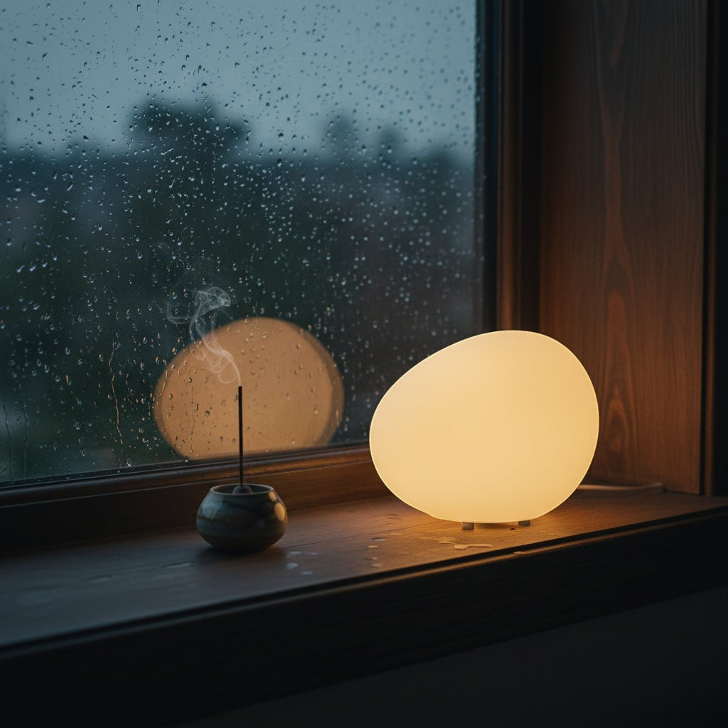 Glow & Drift Zen Riverstone Ambient Lamp glowing softly on a windowsill next to a smoking incense burner in the rain.