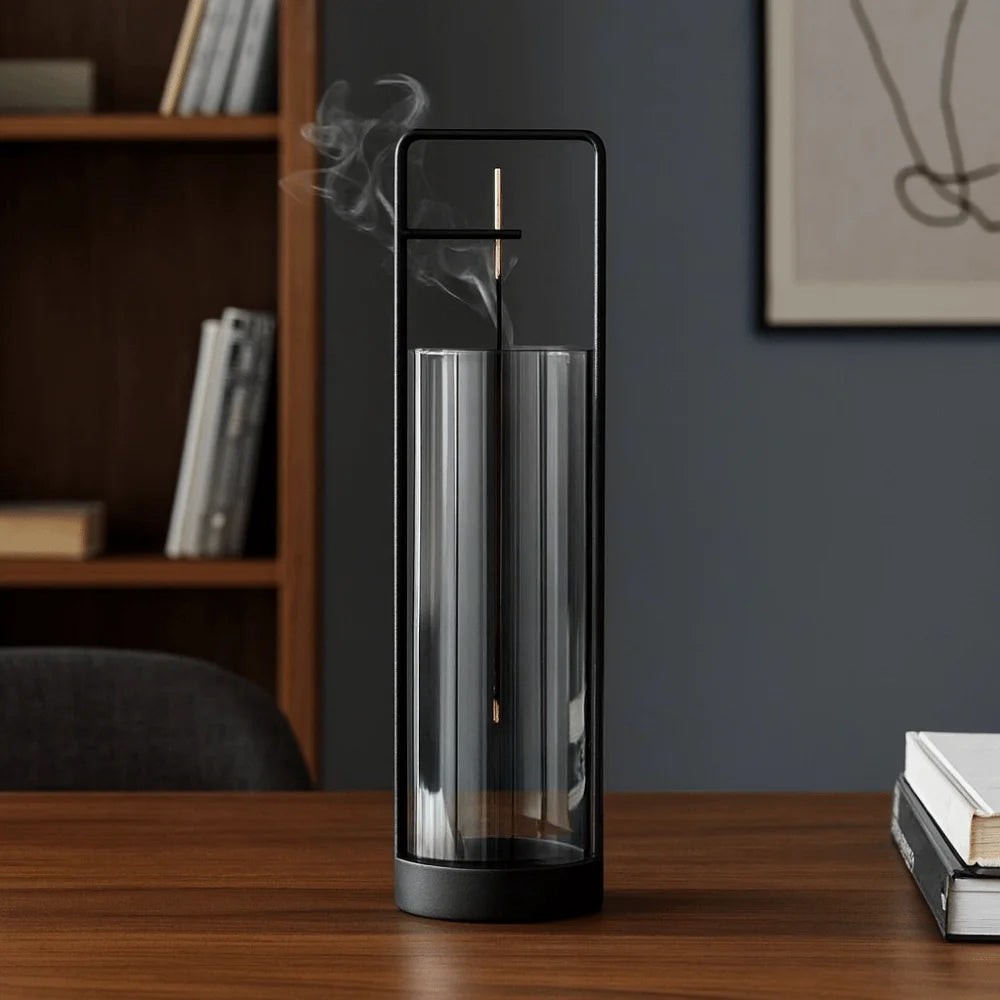 Glow & Drift Zenith suspended glass incense burner with a black iron frame and ash-catching cylinder on a wooden desk.