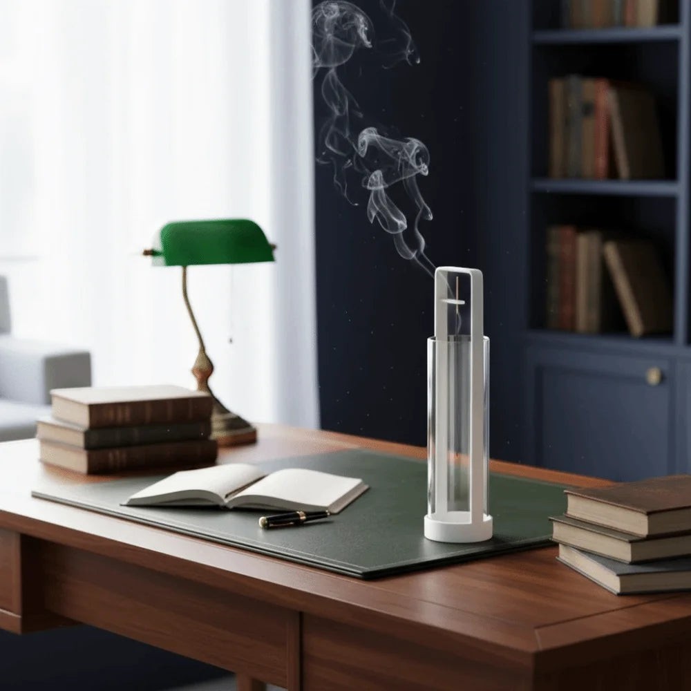 Glow & Drift Zenith suspended glass incense burner with white iron frame on a wooden desk with rising smoke