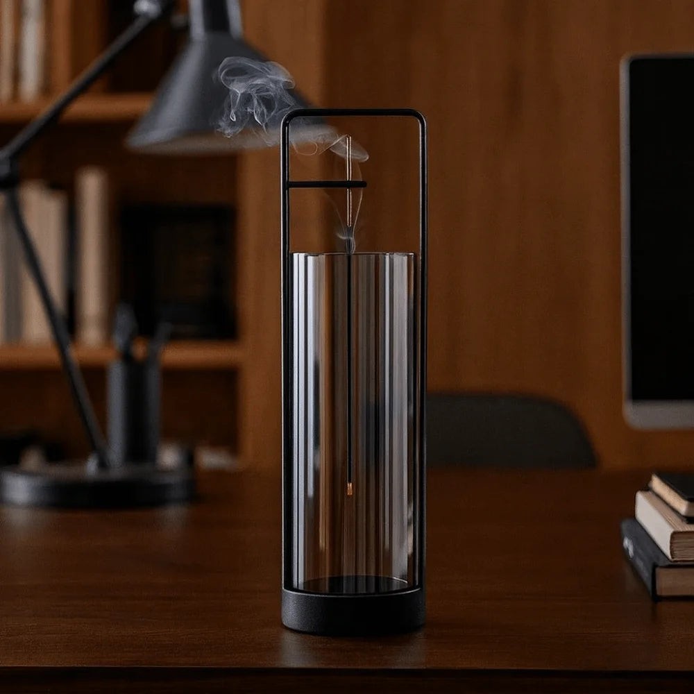 Glow & Drift Zenith suspended glass incense burner with a black iron frame and ash-catching cylinder on a desk.