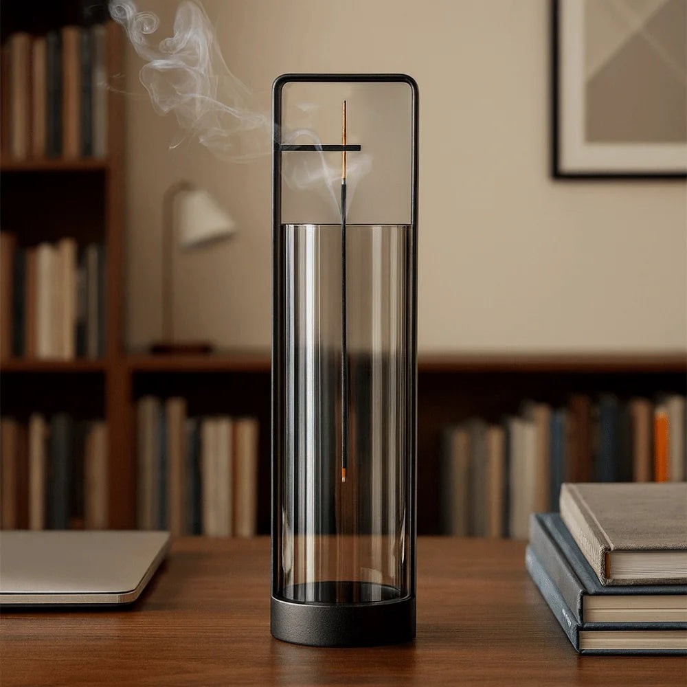 Glow & Drift Zenith suspended glass incense burner with a black iron frame and smoking incense stick on a desk.