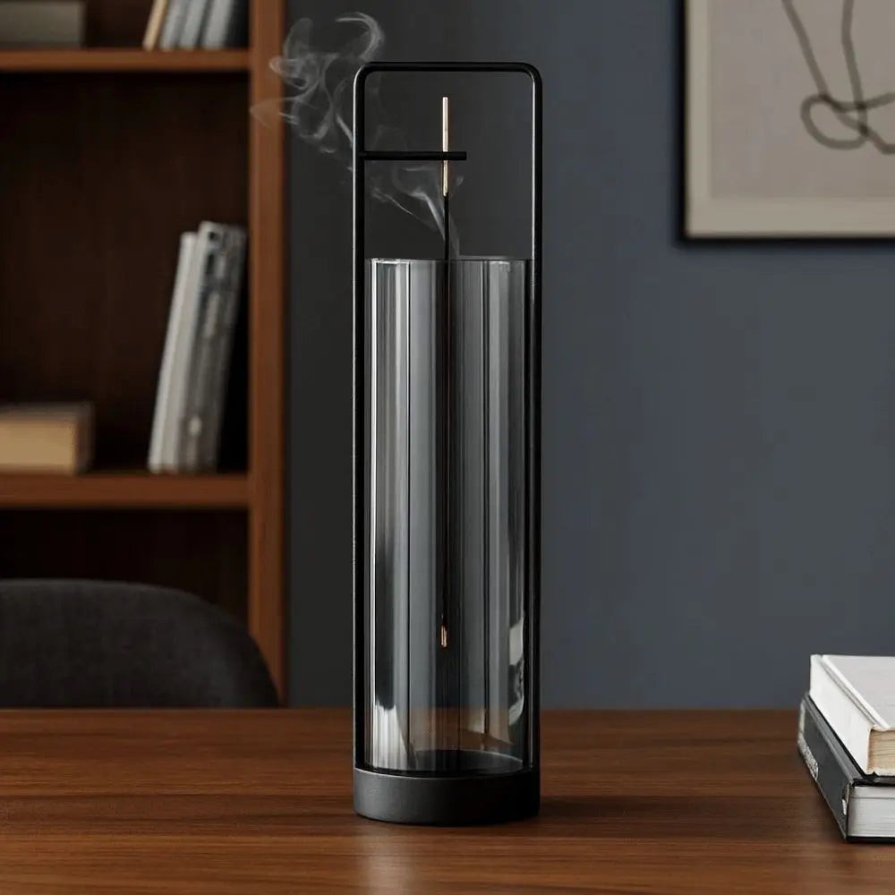 Glow & Drift Zenith suspended glass incense burner with black iron frame and ash-catching cylinder on a wooden desk.