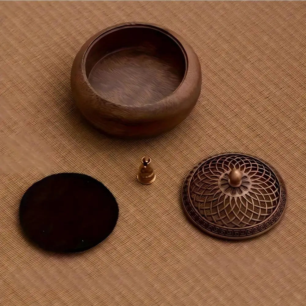 An overhead view showing the components of the incense kit: the natural wood bowl, fireproof liner, brass gourd mini holder, and lattice metal lid.