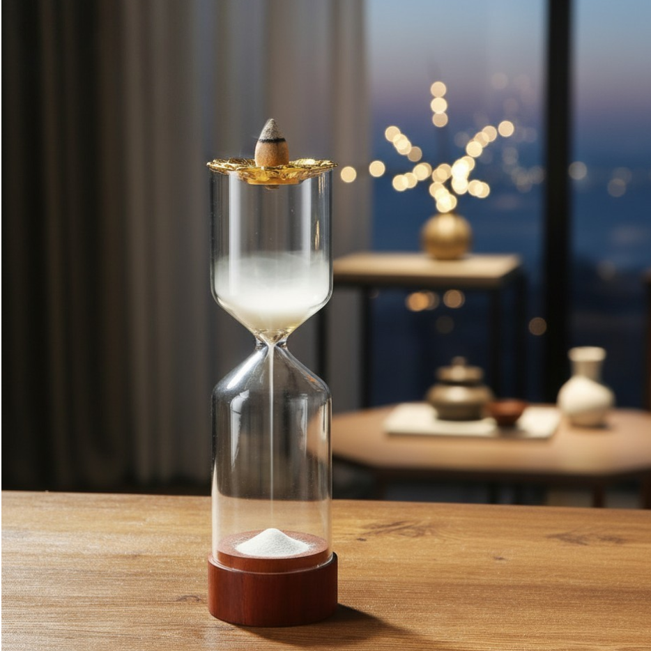 The Hourglass Waterfall Incense Vessel displayed on a wooden table, featuring a backflow incense cone on a gold lotus top, with thick white smoke cascading through the clear glass chamber against a blurred evening city background.