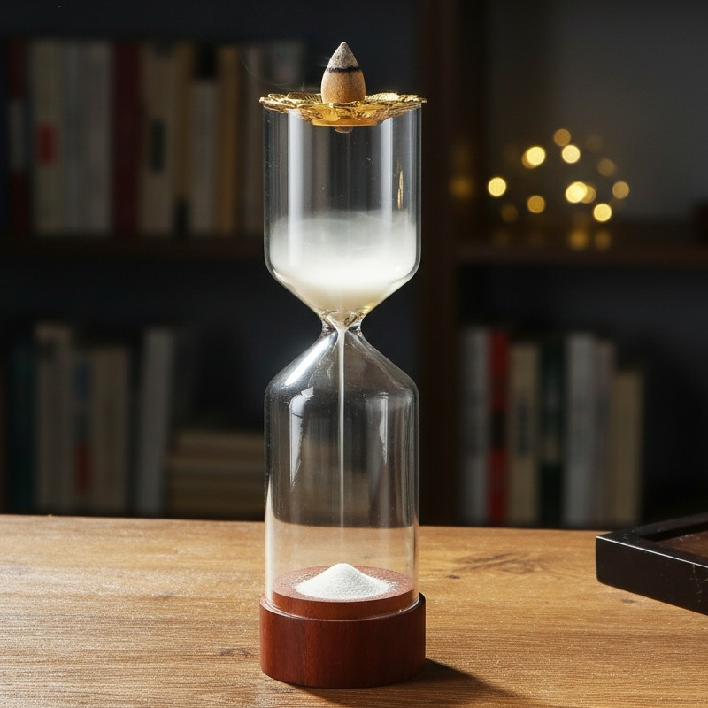 The Hourglass Waterfall Incense Vessel gracefully streaming white smoke into its lower glass chamber, resting on a wooden desk with a blurred bookshelf and warm fairy lights in the background.