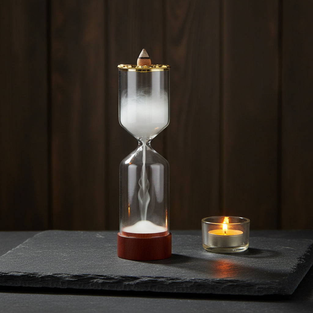 The Hourglass Waterfall Incense Vessel with flowing backflow smoke, sitting on a dark grey slate tile next to a lit tealight candle, set against a dark wooden panel background for a moody, relaxing aesthetic.