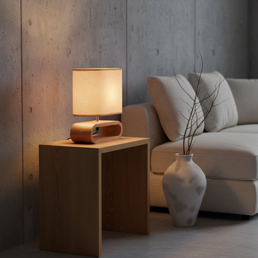 A modern Japandi-style table lamp with a geometric solid wood base and a rectangular beige linen fabric lampshade illuminated with a soft warm glow.