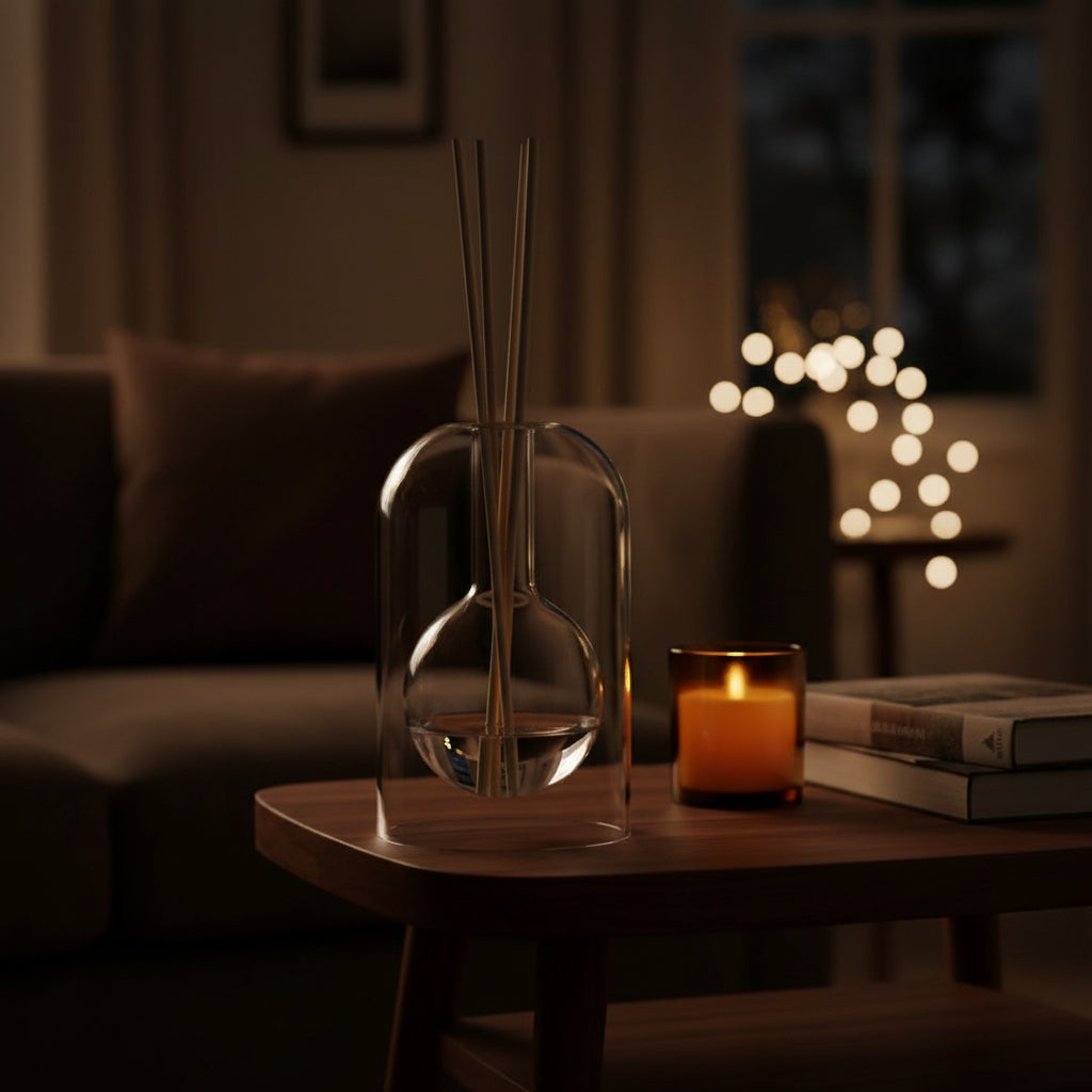 Minimalist double-walled clear glass reed diffuser on a walnut side table with a glowing amber candle and stacked books, set against a cozy, dimly lit living room with warm fairy lights.