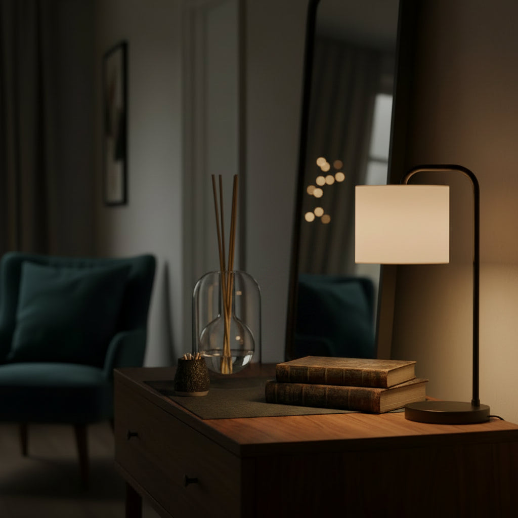 Clear glass reed diffuser with an internal spherical chamber resting on a wooden console table next to antique books, a match striker, and a modern brass desk lamp in a moody home hallway.