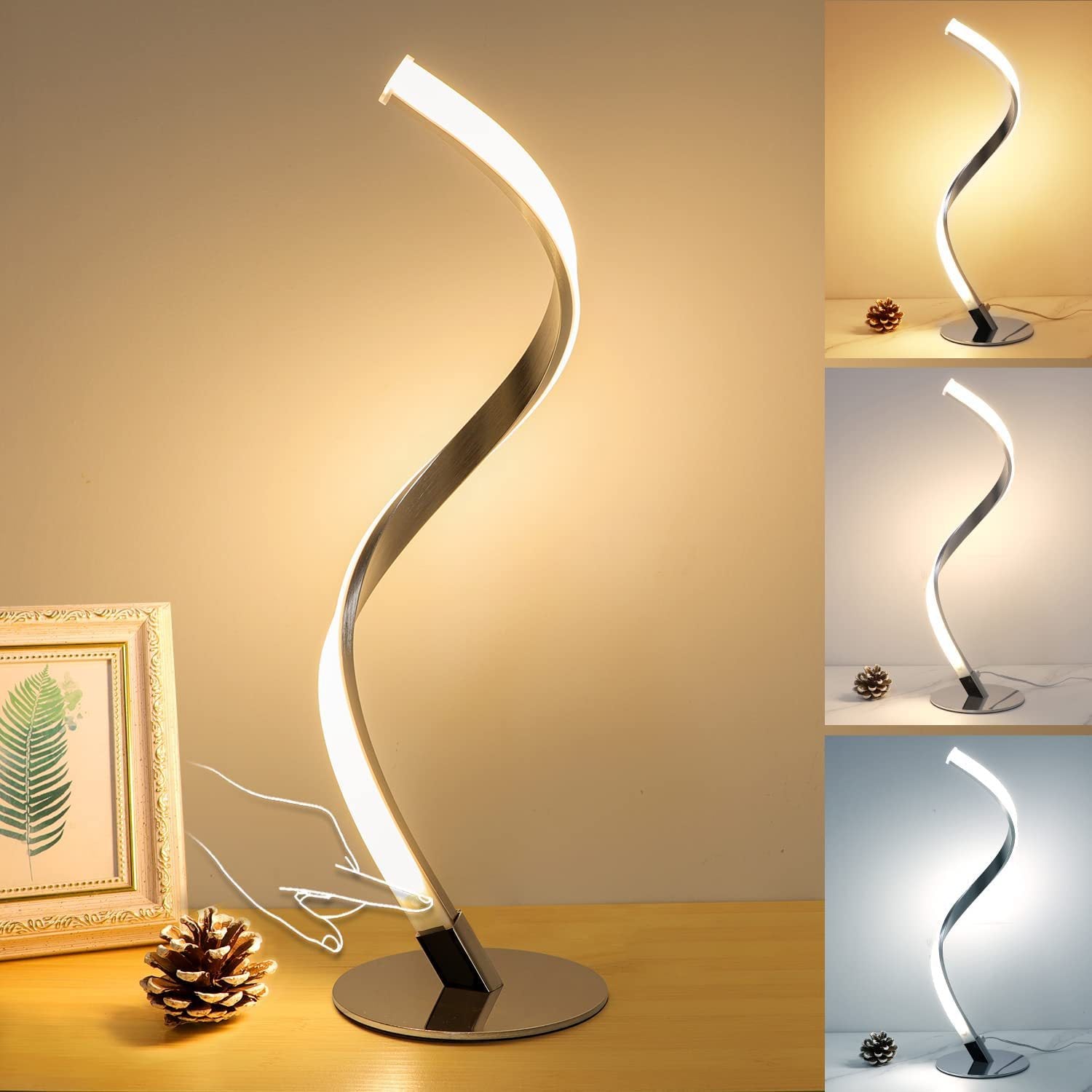 Modern spiral night light on a wooden surface demonstrating warm ambient glow, daylight, and cool white illumination options
