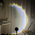 Moonlight projection lamp effect on bedroom curtains at night.