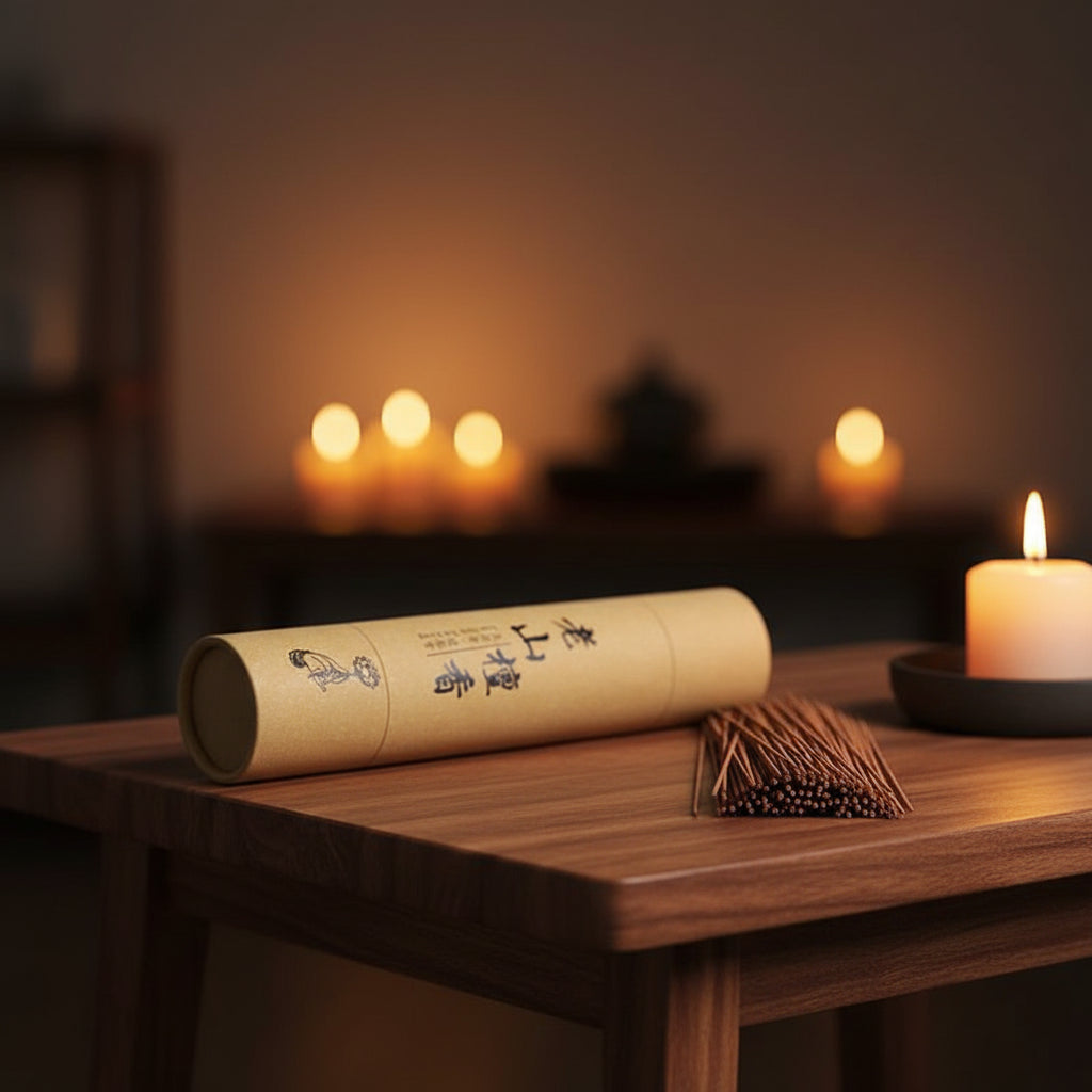 Close-up of a tube of Sandalwood (Lao Shan Tan Xiang) incense sticks.