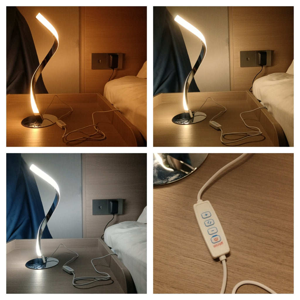 Sculptural bedside lamp shown in multiple brightness levels on a nightstand with a close-up of its inline smart controller switch.