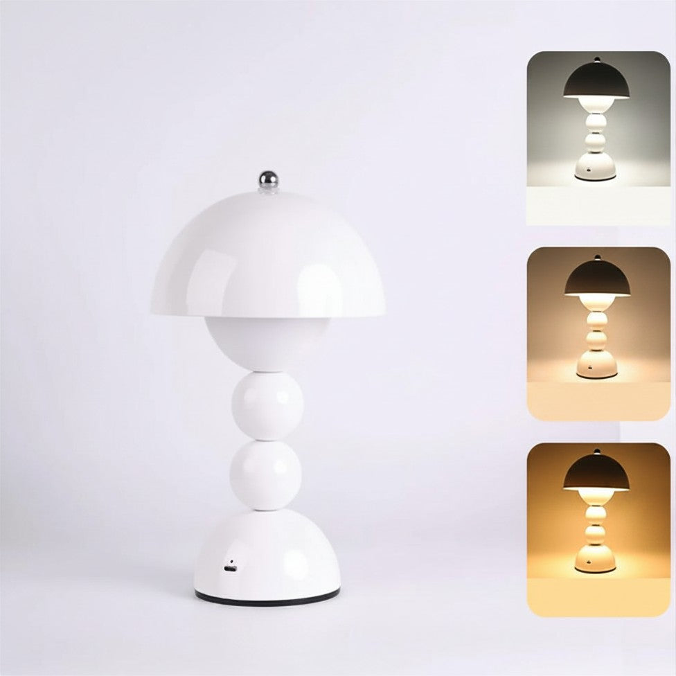 The Totem sculptural white LED table lamp showing three separate dimming brightness levels against a clean white background.