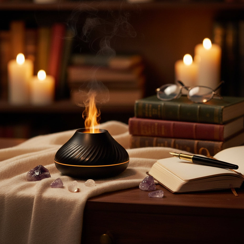 Volcanic Eruption Aroma Diffuser in use on a wooden desk next to a laptop, creating a relaxing workspace atmosphere.